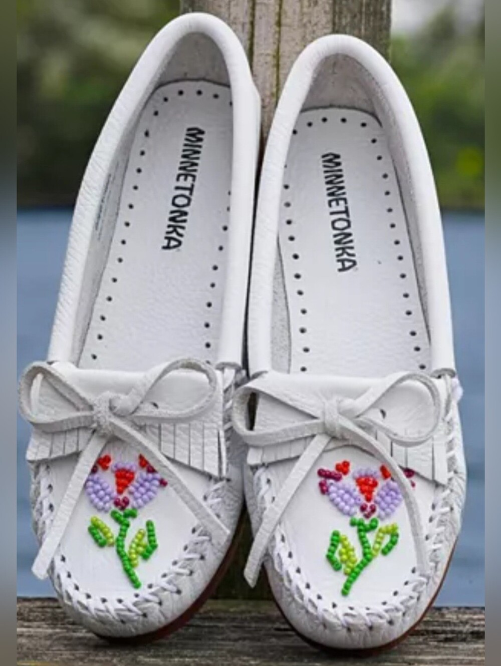 Lucie Skjefte Spring Flower Beaded Minnetonka Soft White Leather Moccasins